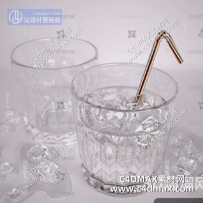 现代 酒杯3D模型冰块桌面水
